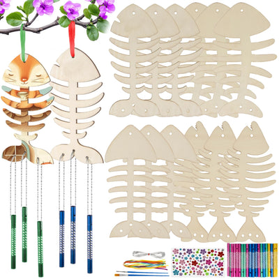 DIY Fish Wind-Chime Kit for Kids - 12 Pcak Wood Wind Chime Craft Make Your Own Fish Wooden Arts and Crafts Supplies Painting Kit for Spring Easter Art Activity Birthday Decorative Garden Patio Home