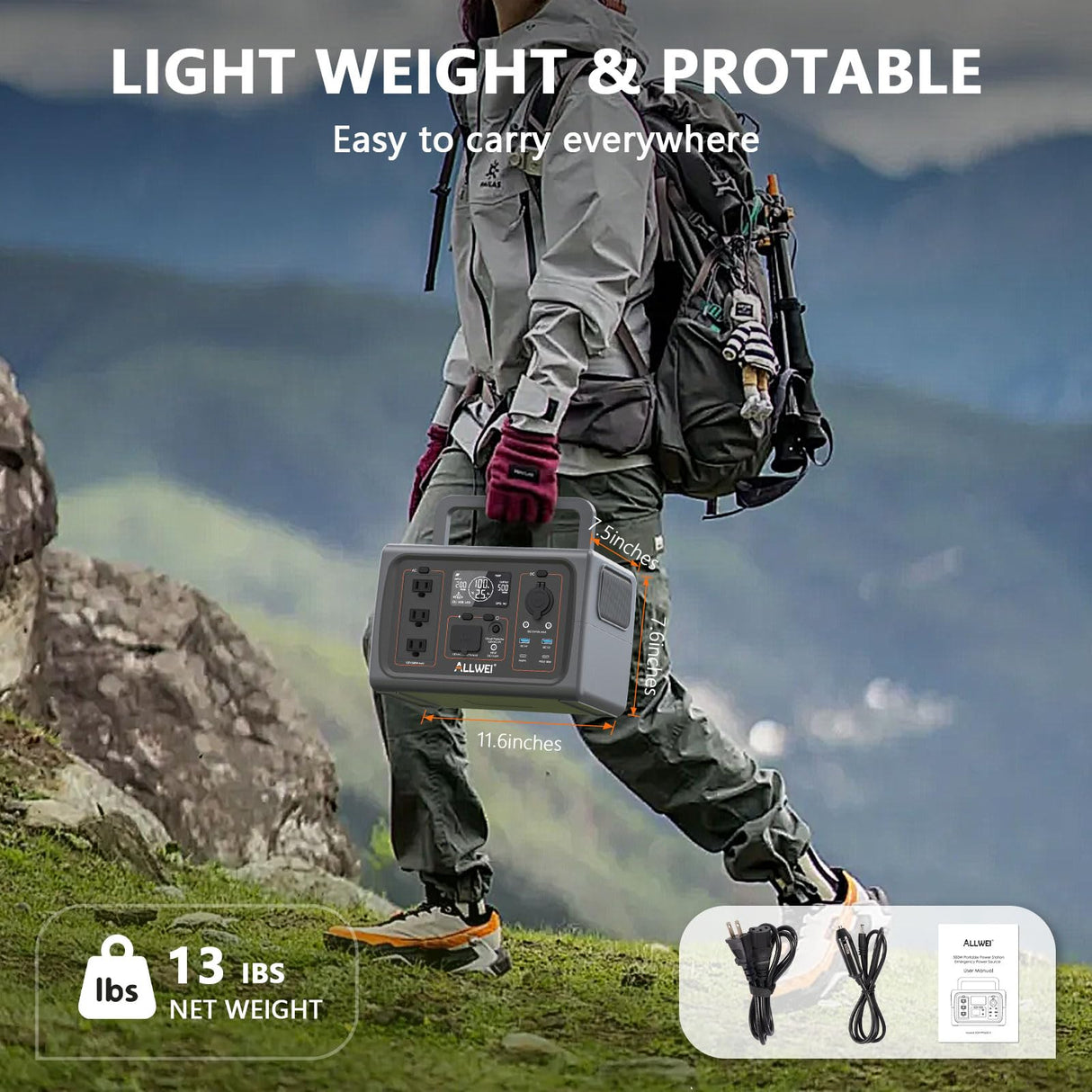 ALLWEI Portable Power Station 500W, 512Wh LiFePO4 Battery, UPS Function, 2.5Hrs Fast Charge, 3 AC Outlets(Surge 1000W), Solar Generator for Outdoor Camping RV CPAP Home Emergency ALLWEI