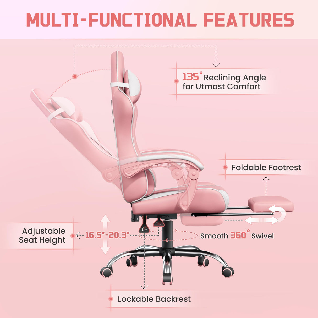 Yaheetech Gaming Chair, Video Game Chair with Massage Lumbar Support and Footrest Height Adjustable Ergonomic Computer Chair with Swivel Seat and Headrest, Pink/White Yaheetech