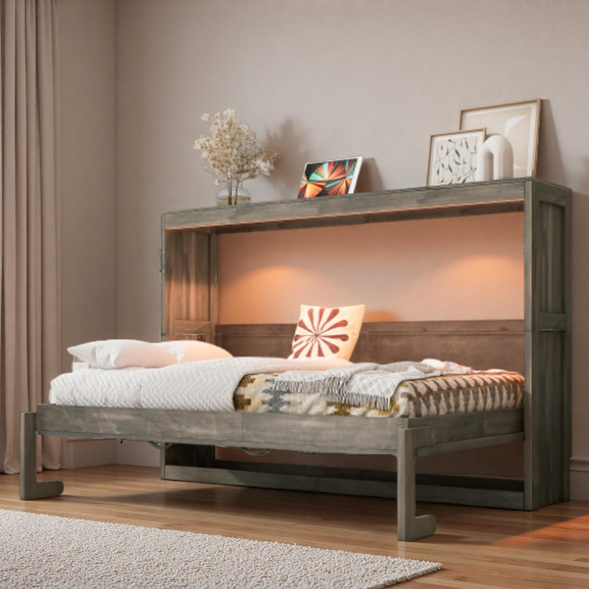 SOFTSEA Twin Size Murphy Bed with LED Light, Rustic Hidden Wall Bed Frame with LED for Small Spaces, 2 in 1 Murphy Bed Cabinet, No Box Spring Needed, Brown SOFTSEA