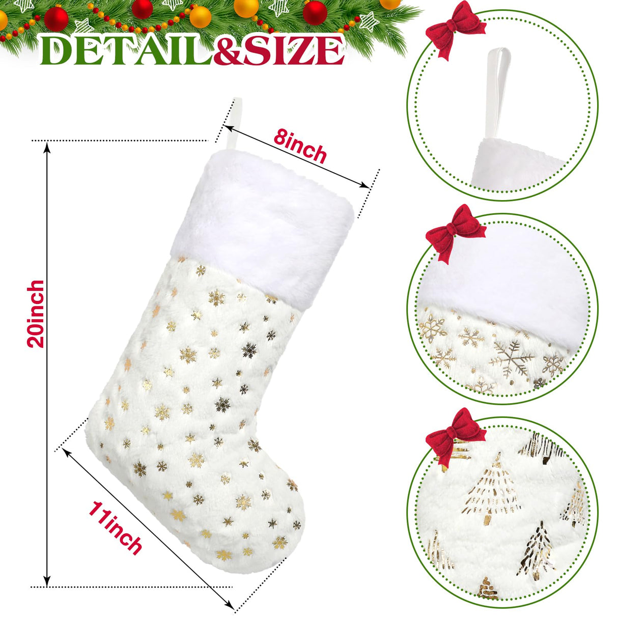 White Christmas Stockings Set of 6 - Lage Elegant Xmas Stockings with Golden Christmas Tree Snowflake Designs, Fluffy Grey and White Christmas Stockings for Holiday Party Decorations 20 inch Amorita