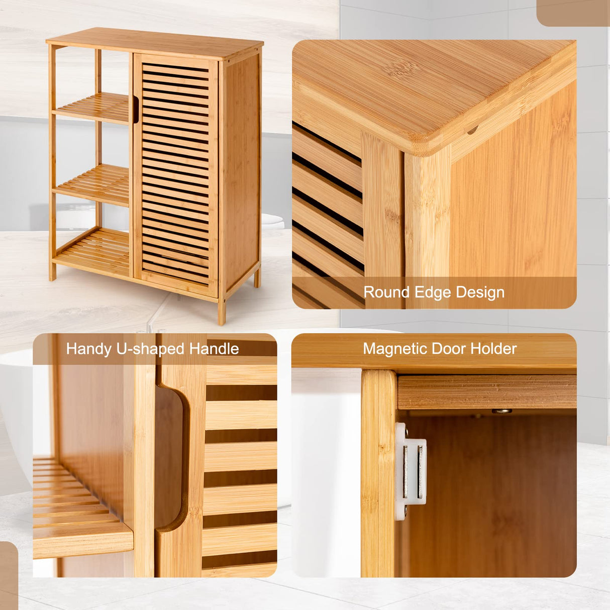 Tangkula Bamboo Bathroom Floor Cabinet, Storage Cabinet with Shutter Door and 3 Tier Shelves, Freestanding Floor Cabinet for Bathroom Living Room Kitchen Hallway, Bathroom Cabinet, Natural Tangkula
