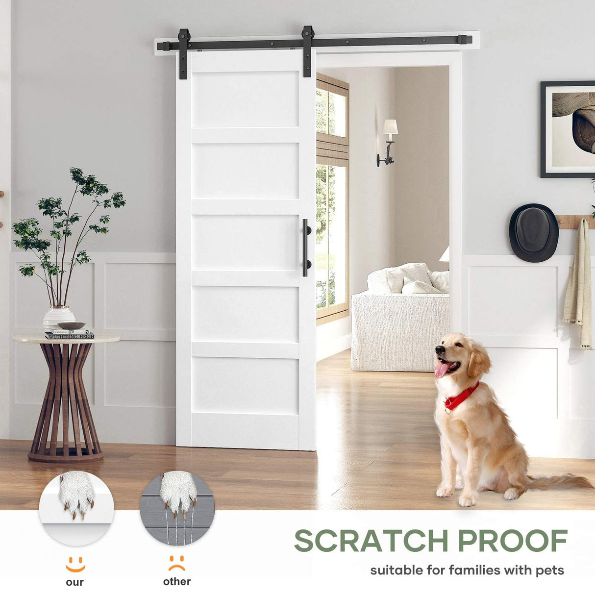 ROYMELO 32x84 Inch White Sliding Barn Door Slab with 5.5ft Hardware Kit Included, 5-Panel, MDF Wood Panel Covered with Water-Proof Scratch-Proof PVC Surface, Simple DIY Assembly ROYMELO