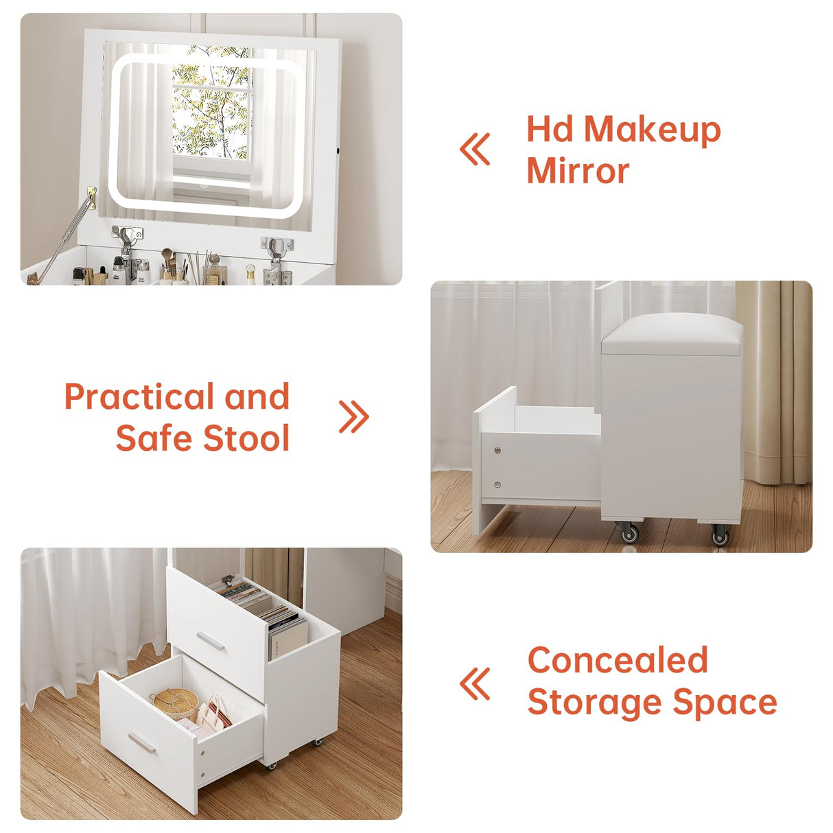 PulseFay Compact Vanity with 3 Drawers, 3 in 1 Vanity Desk, Makeup Desk with Flip-up 3 Colors Lighting Mirror and Cushioned Stool, Small Vanities Nightstand Perfect for Bedroom, White PulseFay