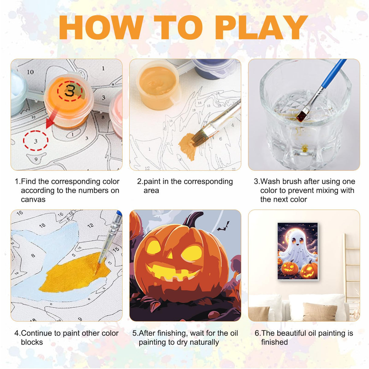 SENQAO Halloween Paint by Numbers for Adults Beginners Framed, Ghost Pumpkin Adults' Paint-by-Number Kits, Adult Paint by Number Kits on Canvas, Acrylic Number Painting for Home Decor, 8x12in SENQAO