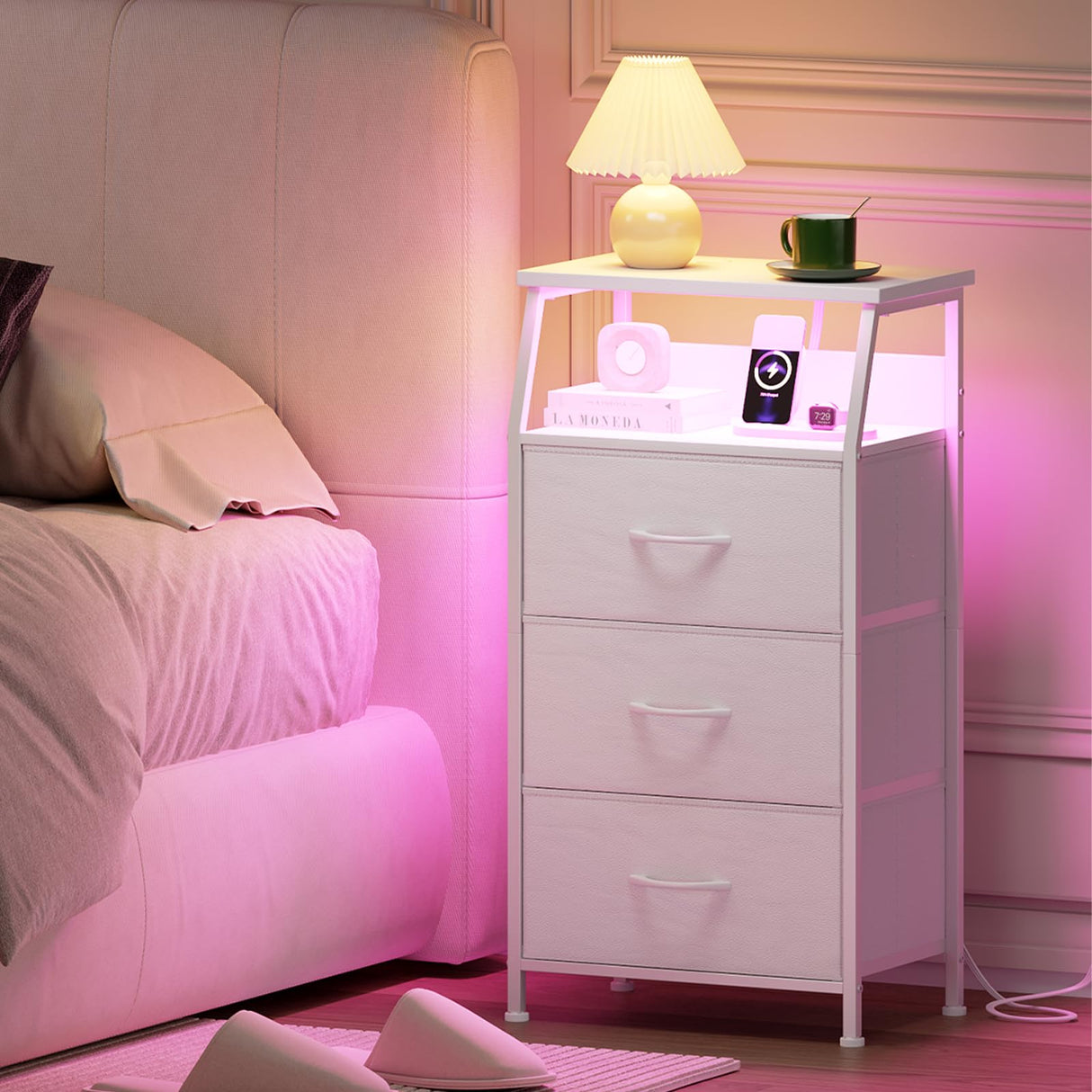 Somdot White Nightstand with Charging Station and LED Light for Bedroom, Tall 3 Drawers Dresser with Fabric Bins for Bedside Kids Dorm Room Closet Laundry Entryway, White Leather Somdot