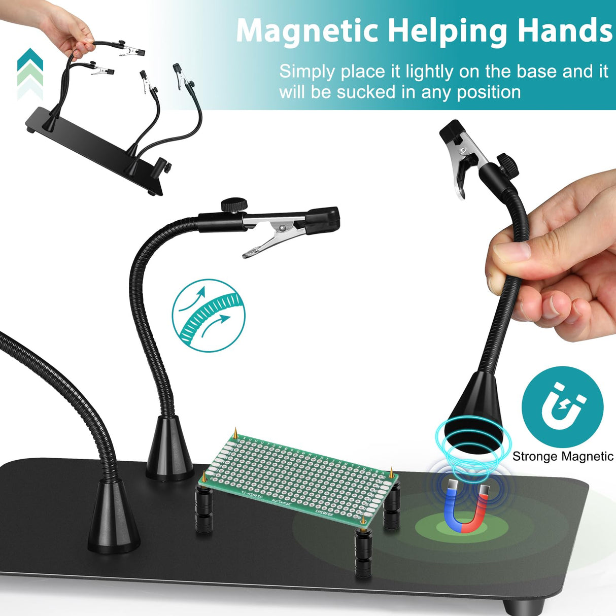 MagnieOpti Helping Hands Soldering Station, 10X Magnifying Glass with Light and Stand with 4 Magnetic Third Hand & 4 PCB Circuit Board Holders, Hands Free Magnifier Desk Lamp for Soldering Repairing MagnieOpti