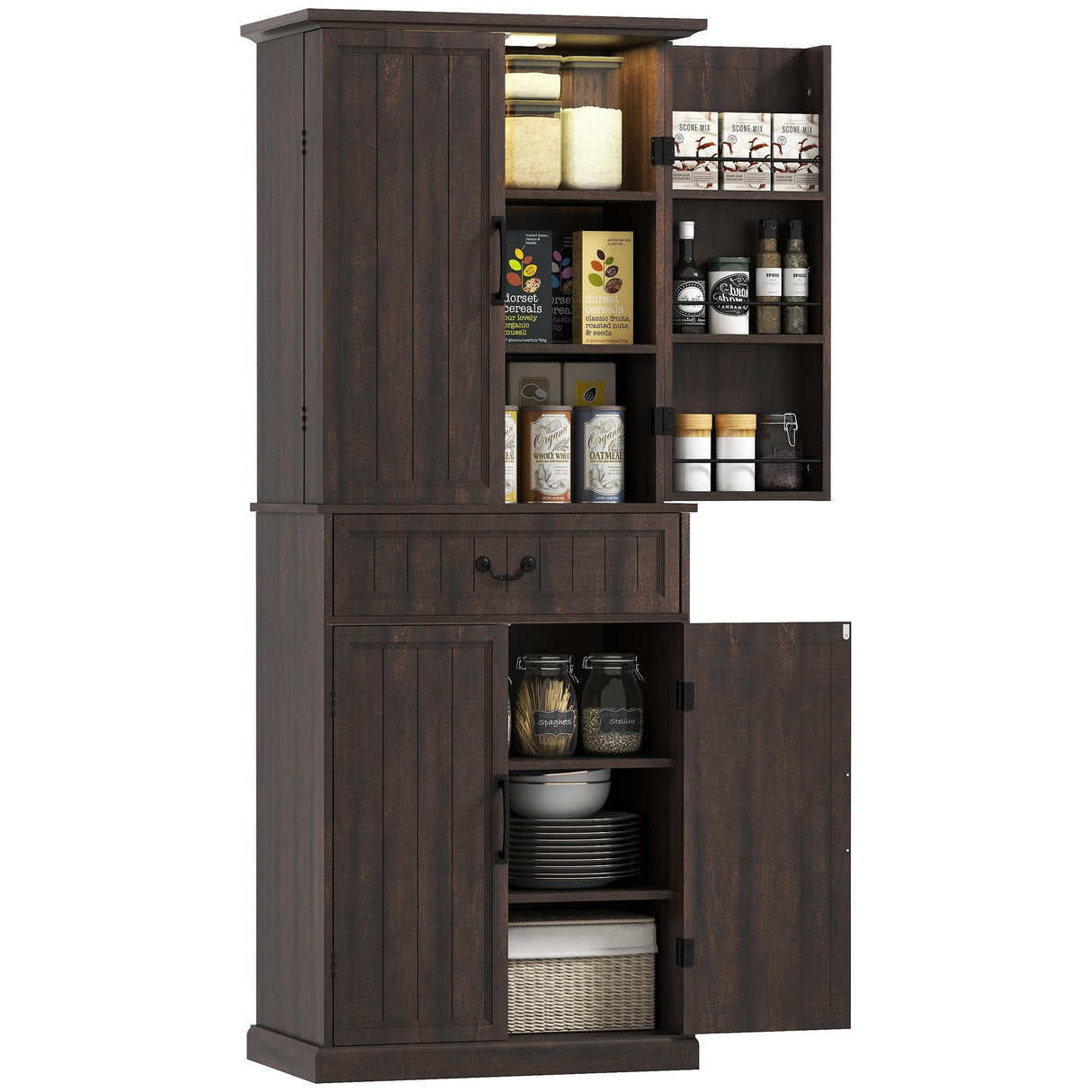 HOMCOM 71" LED Kitchen Pantry Cabinet, Farmhouse Tall Freestanding Storage Cabinet with Door Shelves, Adjustable Shelves and Drawer for Kitchen and Dining Room, Distressed Brown HOMCOM