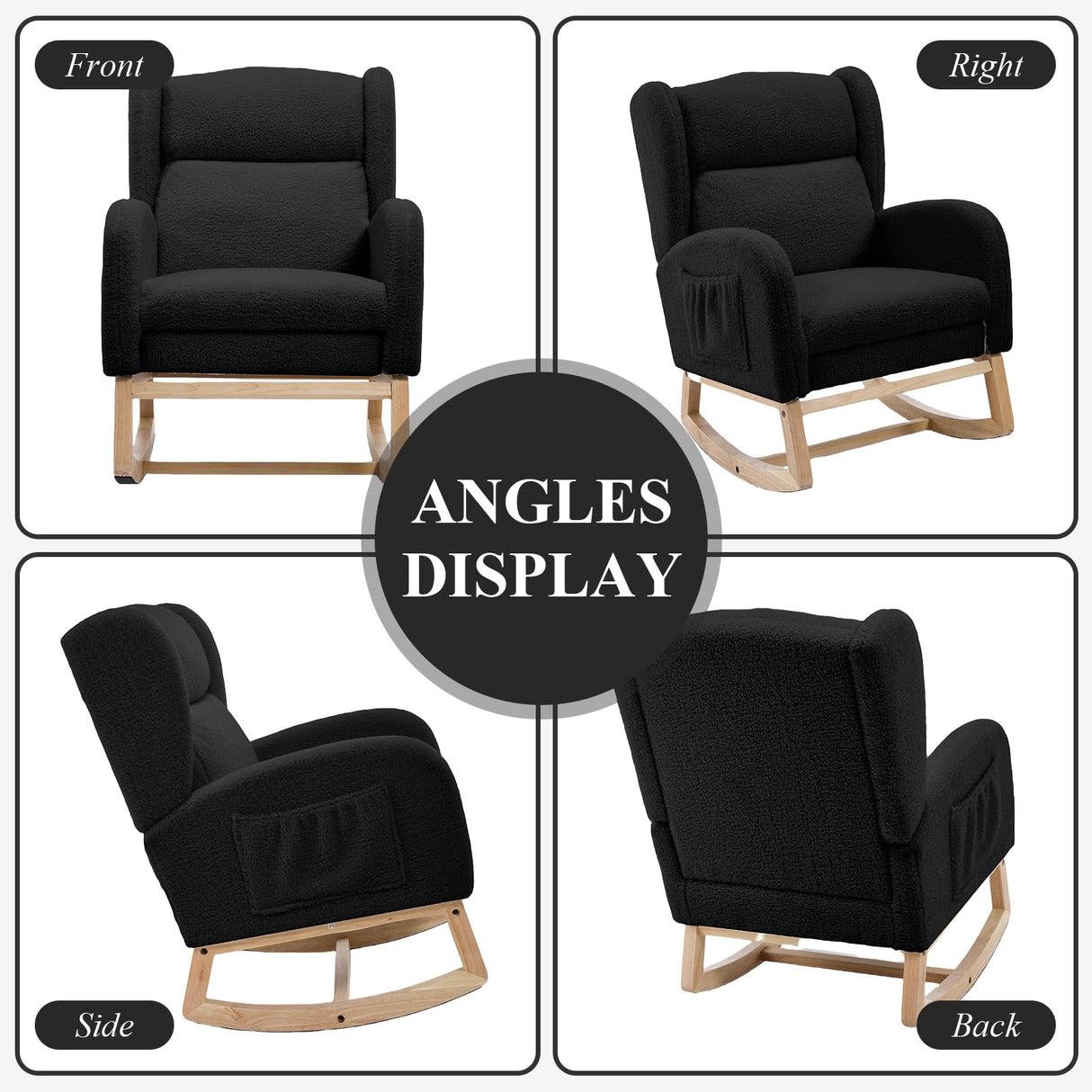 NIOIIKIT Nursery Rocking Chair with Footrest, Teddy Upholstered Glider Chair, Nursery Gliding Recliner with Side Pocket, Glider Rocker for Living Room (Black Teddy) NIOIIKIT