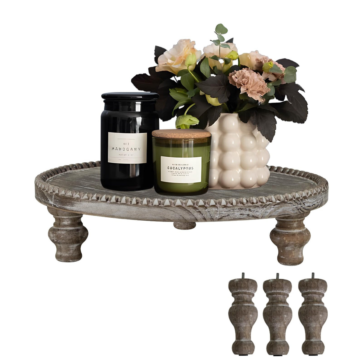 MAONAME Farmhouse Wood Riser for Display, Decorative Pedestal Stand for Kitchen Counter, Rustic Round Beaded Wooden Display Tray for Home Decor, Short and Tall Footed, 11.87 Inch MAONAME