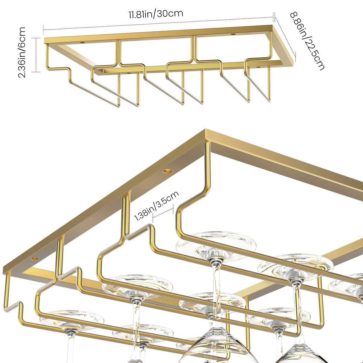 Nuovoware Wine Glass Rack - Under Cabinet Stemware Wine Glass Hanger Rack Holder for Bar Kitchen Cabinet, 3 Rows - Gold Nuovoware