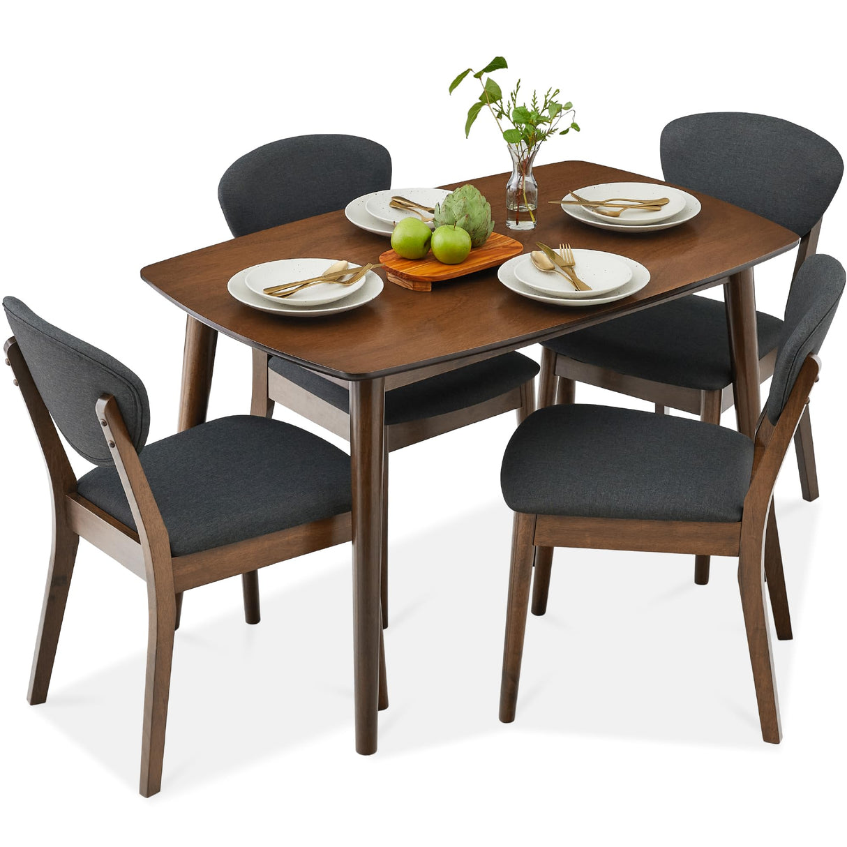 Best Choice Products 5-Piece Dining Set, Compact Mid-Century Modern Table & Chair Set for Home, Apartment w/ 4 Chairs, Padded Seats & Backrests, Wooden Frame - Walnut/Charcoal Best Choice Products