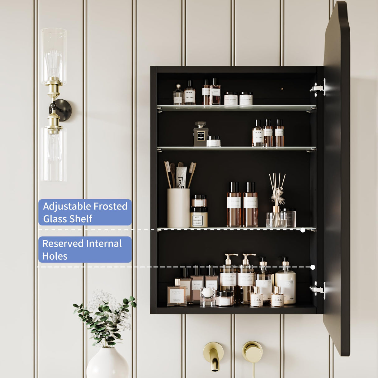 AGDULL Victorian-Style Recessed Bathroom Medicine Cabinet, Storage Cabinet, Bathroom Wood Wall Cabinet with Curved Mirror, Black, 17.5x29 Inch AGDULL