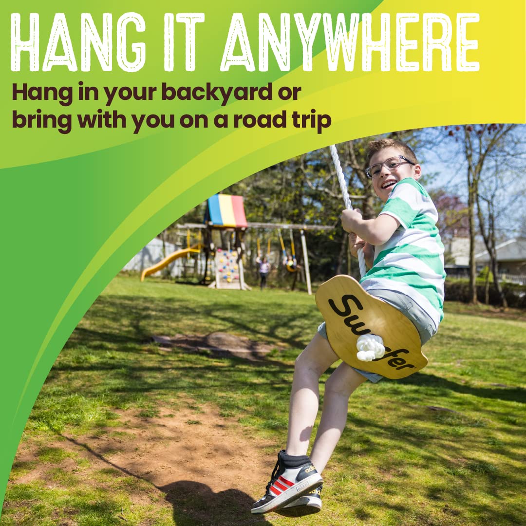 Swurfer Swift - Maple Wood Disc Swing for Kids Ages 4 and Up, Holds up to 150 Pounds - Includes 18" Curved Seat Swing with Heavy Duty Braided Rope, Brown Swurfer