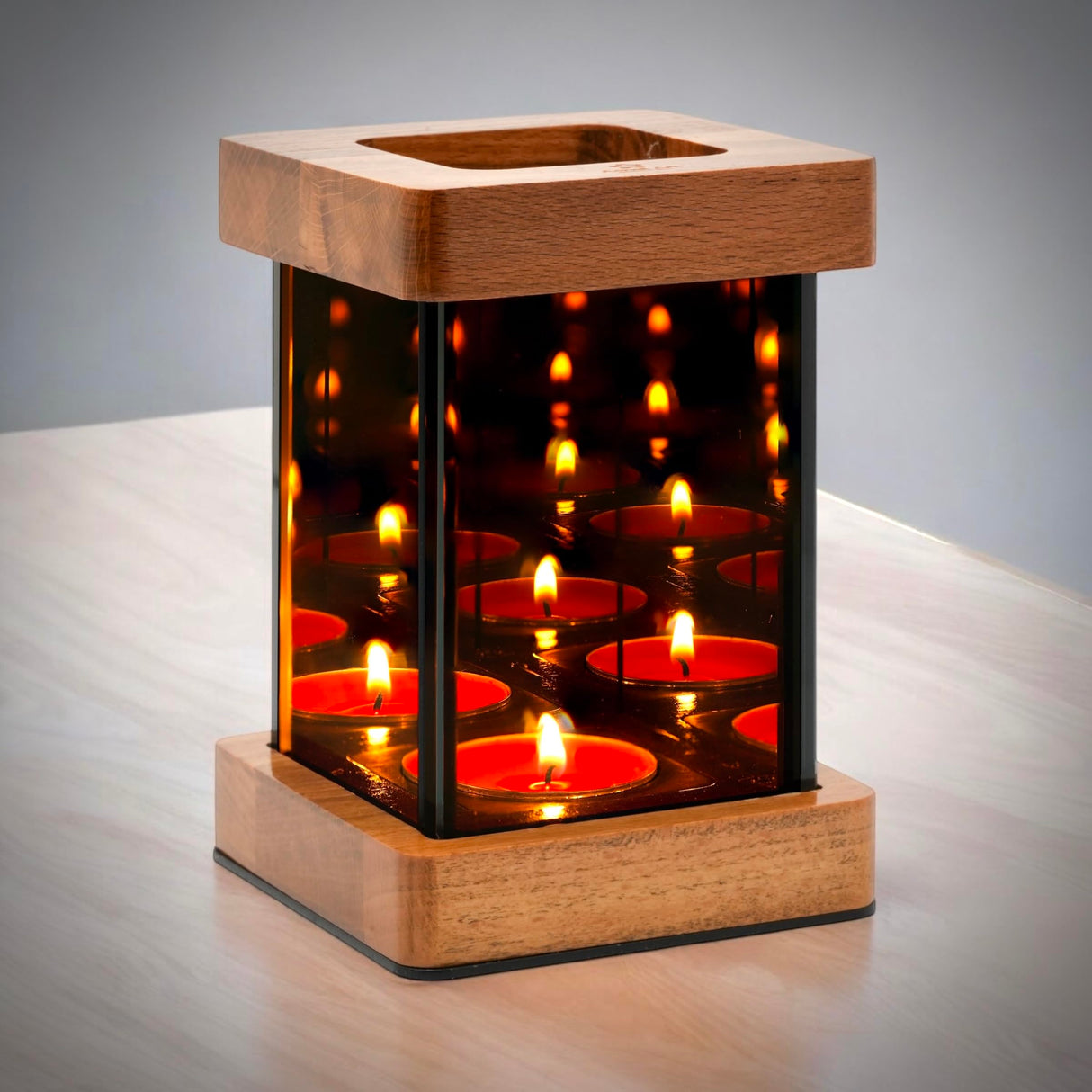 Wooden Infinity Mirror Candle Holder, Glass Tea Light Holder, Square Glass Box Candle Holder, Reflective Mirror Effect, Table, Infinity Cube, Gifts for Wife, Wedding Registry, Christmas, Thanksgiving Ashel Art