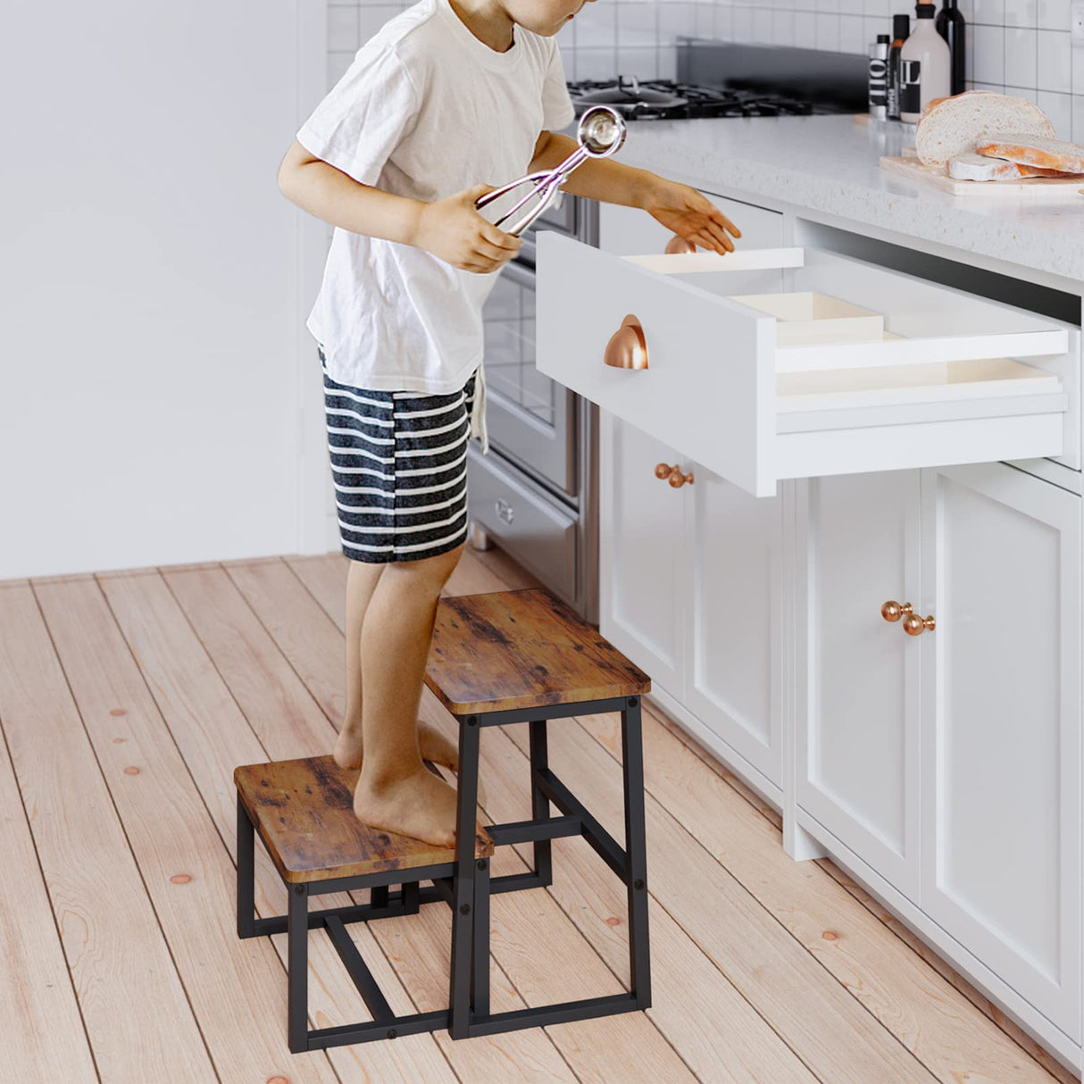 iTsst Step Stool for Adults & Kids,Holds up to 500Lb,3 in1 Heavy Duty Sturdy Wooden 2 Stepstool for Kichen/Bathroom/High beds, Metal Frame, Non-Slip Pads iTsst