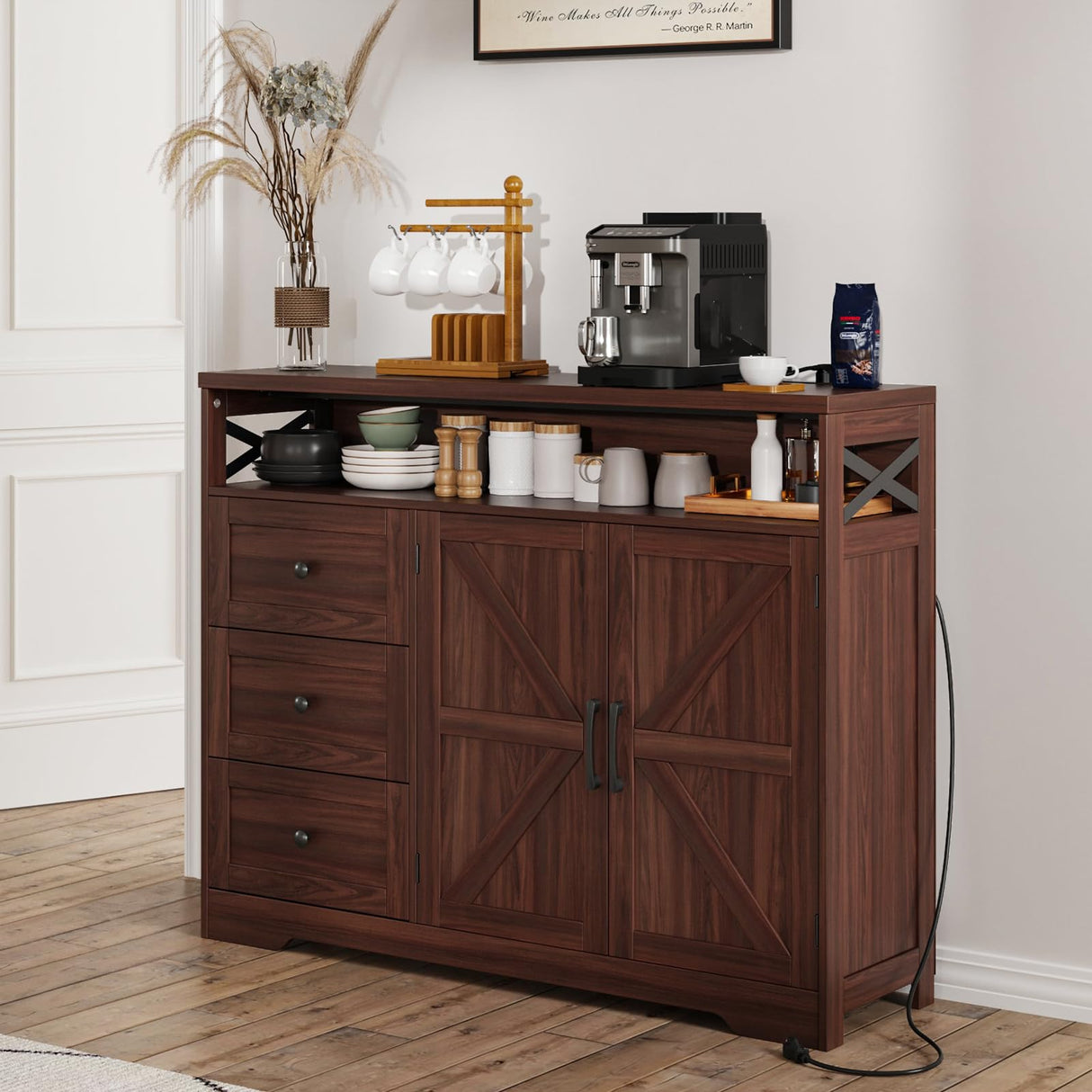 47" Dark Brown Farmhouse Storage Cabinet with Barn Doors and Drawers, Sideboard Buffet Cabinet with Storage, Kitchen Pantry Hutch, Coffee Bar Station Table for Kitchen, Living, Dining Room FiveWillowise