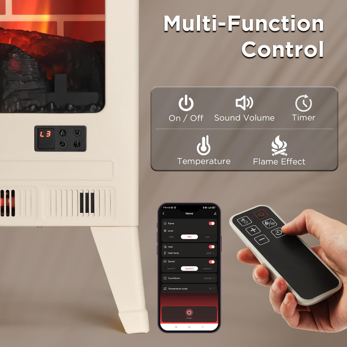 TURBRO Suburbs 25" WiFi Electric Fireplace Infrared Heater with Crackling Sound, Freestanding Fireplace Stove with Adjustable Flame Effects, Overheating Protection, Timer, Remote Control 1400W, Ivory TURBRO