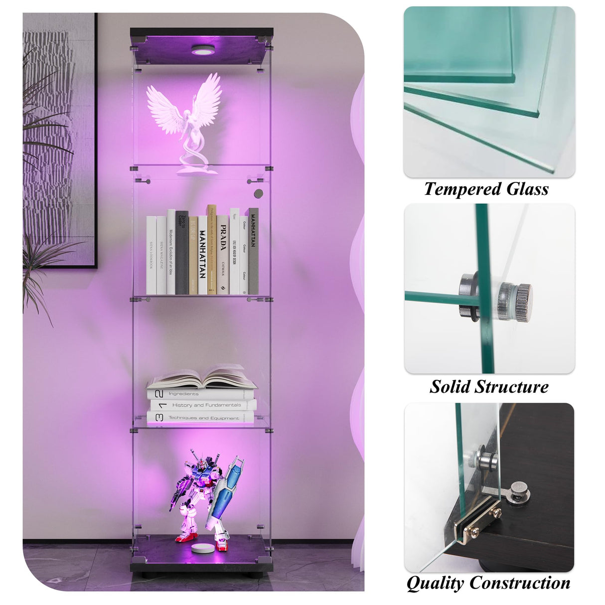 lunhung Glass Display Cabinet 4-Shelf with LED Lights and Lock,Curio Cabinets Upgraded Quick-Install Storage Cabinet,Glass Floor Standing Bookshelf for Bedroom,Living Room(Black) lunhung