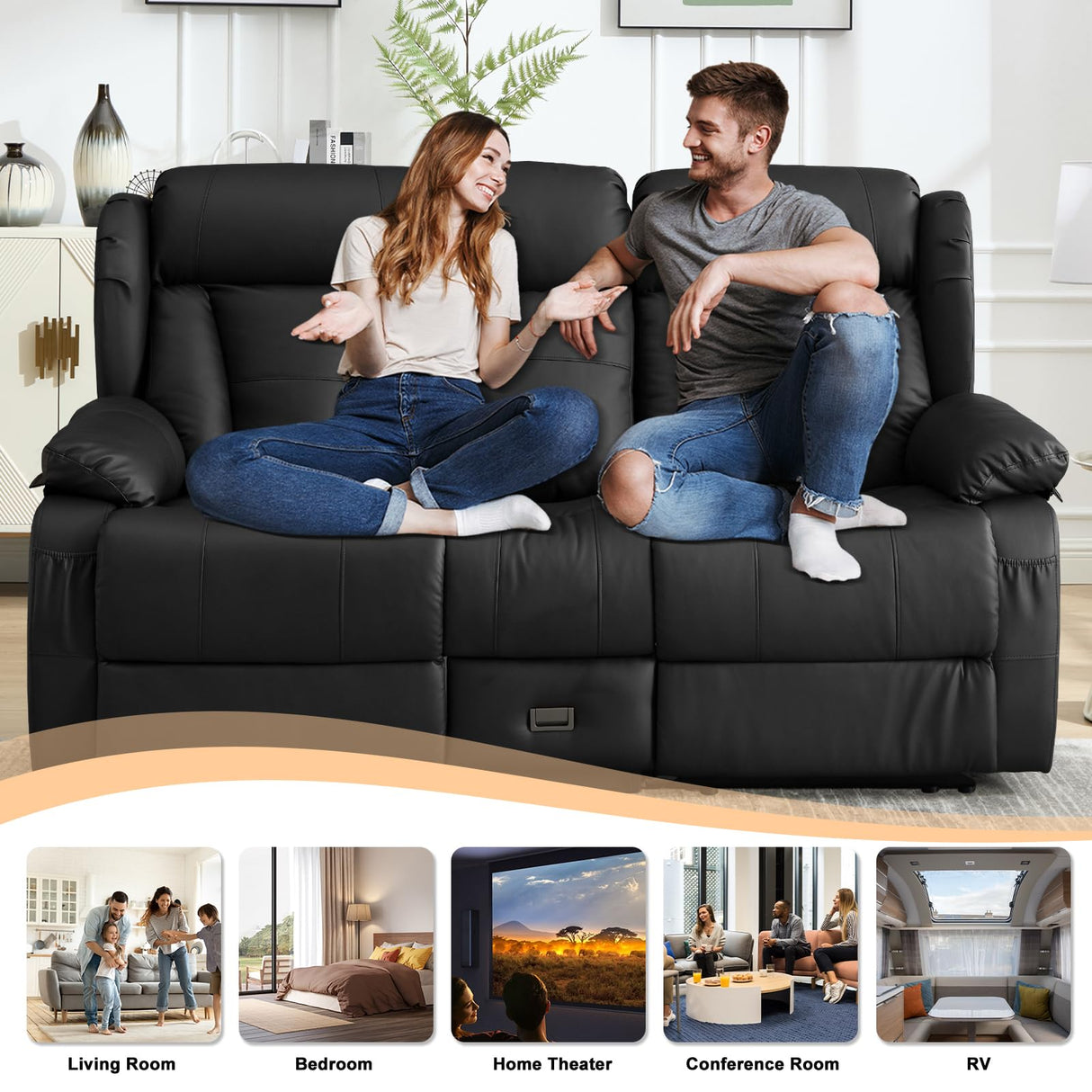 WISHDEER Loveseat Recliner Sofa, RV Recliner Couch, Manual Reclining Loveseat with Console for Living Room, Home Theater Seating with AC/USB C/USB and Drawer (Black, Loveseat with Console) WISHDEER