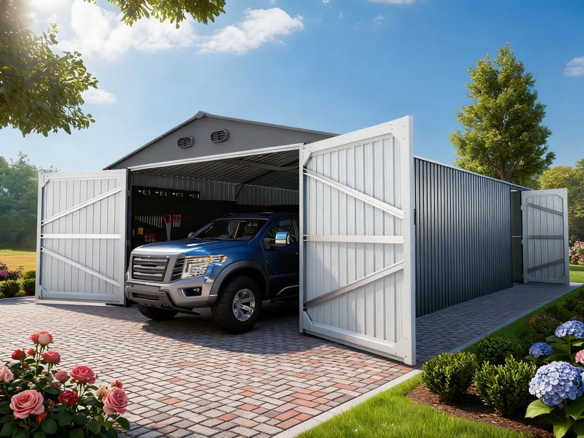 10x20 FT Outdoor Storage Shed, Metal Garage Shed with 2 Lockable Doors, Large Metal Building with 4 Air Vents, Galvanized Steel Prefab Garage Sheds for Car, Truck, Tool, Dark Gray ANTSKU