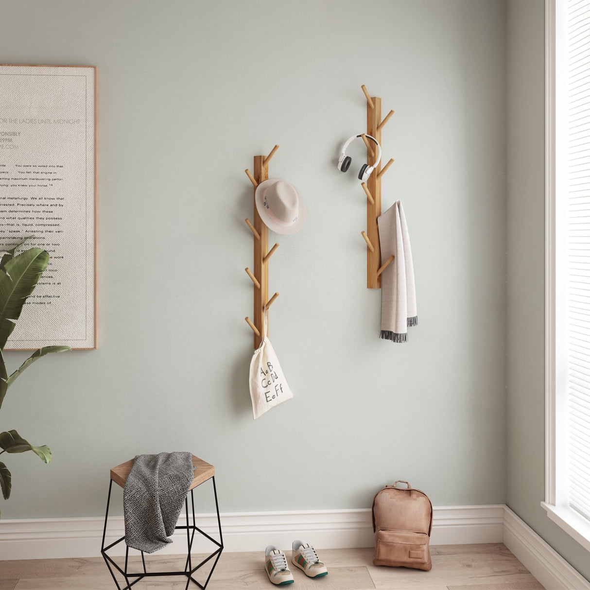 TIOPGHAD 2-Pack Wood-Wall-Mounted-Coat-Hooks, Bamboo Vertical Coats Rack Holder Hanger with 8 Hooks Entryway Hanging Wooden Racks for Hanging Jacket Coat Hat in Entryway Office Bathroom(Natural) TIOPGHAD