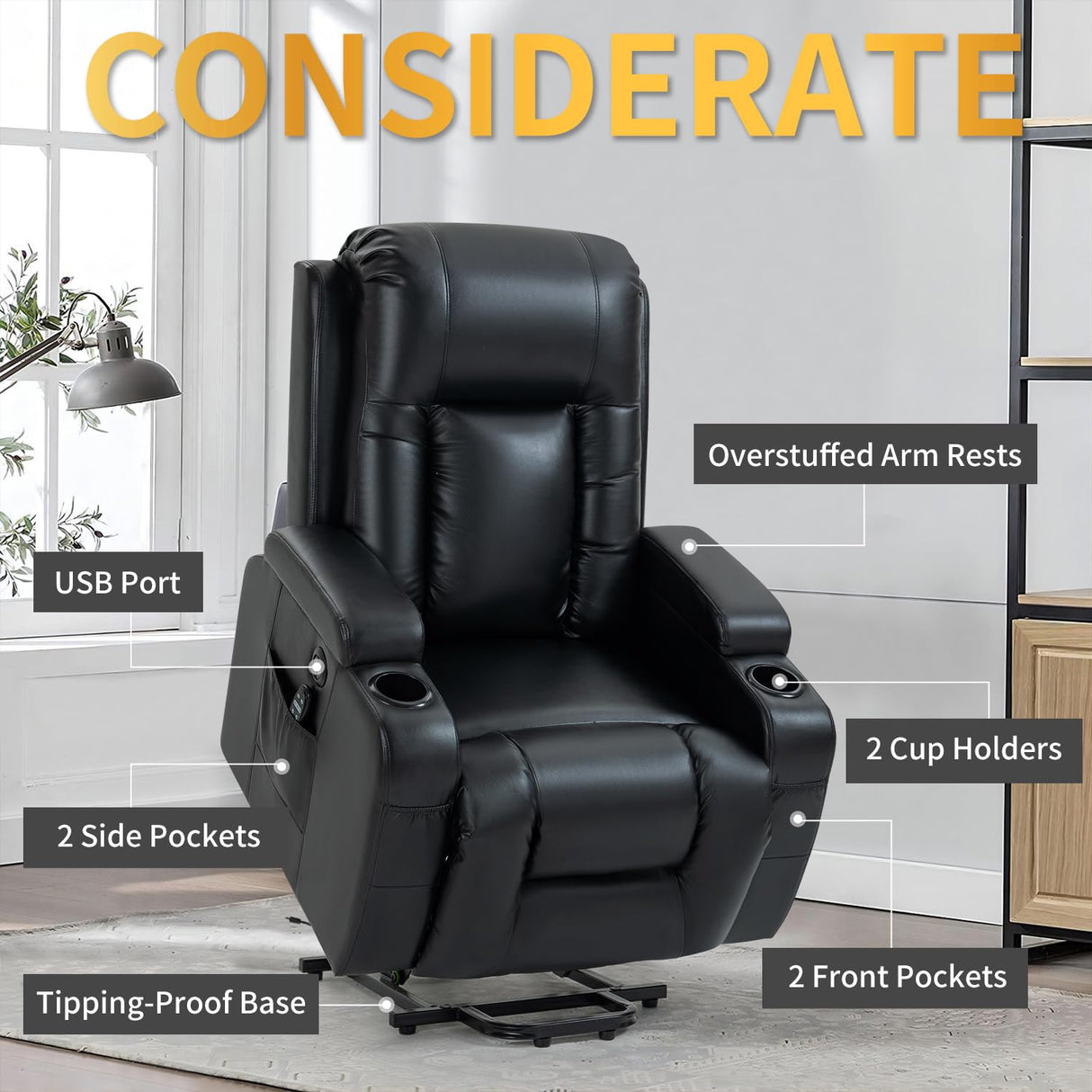 Trustyue Power Lift Recliner Chair with Heat and Massage, Lift Chairs for Standing Assistance, 2 Cup Holders, 4 Pockets, USB Charge Port, Breathable Leather Black Trustyue
