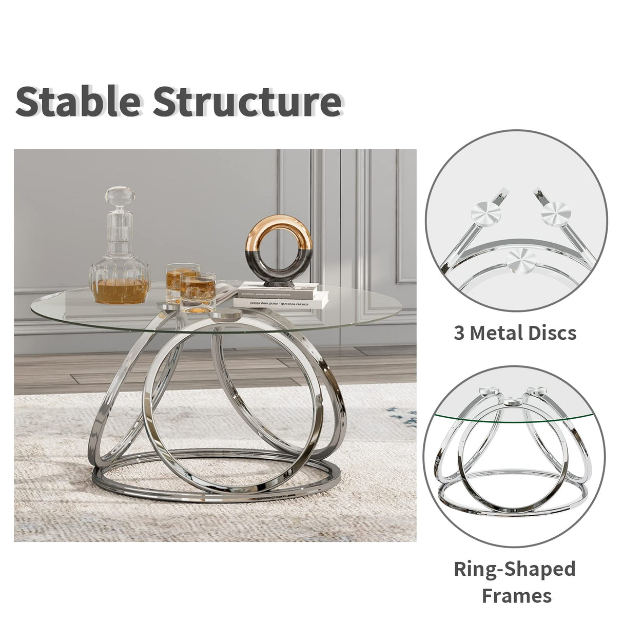 O&K FURNITURE Silver Coffee Table, Modern Glass Coffee Table Living Room Table with Ring-Shaped Frames, Glass Coffee Table for Home&Office, Chrome Finish, 1 PC O&K FURNITURE