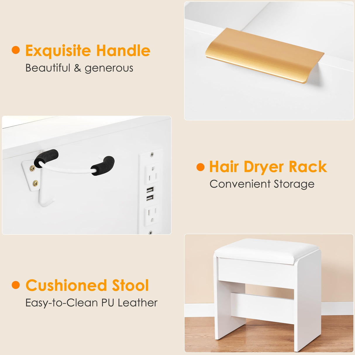 ANWBROAD 39.4" Makeup Vanity Desk with Glass Top & Power Outlet for Girls Women White Modern UBDT79W ANWBROAD