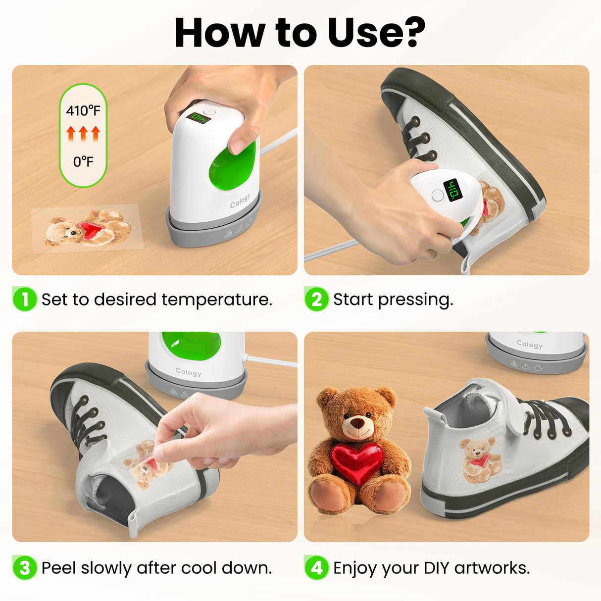 Calogy Super Mini Heat Press Machine, Max 410℉ & 4 Heating Setting with LED Display, Mini Iron for Crafting with Precision Tip, Easy for Small Objects Like Shoes, Stuffed Animals, Hats (White Green) Calogy