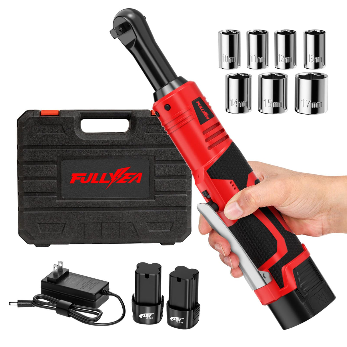 FULLYEA Electric Ratchet Wrench Set, 550 RPM Cordless Ratchet Wrench, 3/8" 18V Power Ratchet Tools with Variable Speed, LED Light, 7 Sockets, 2 Packs 2.0Ah Lithium-Ion Battery and Fast Charger FULLYEA
