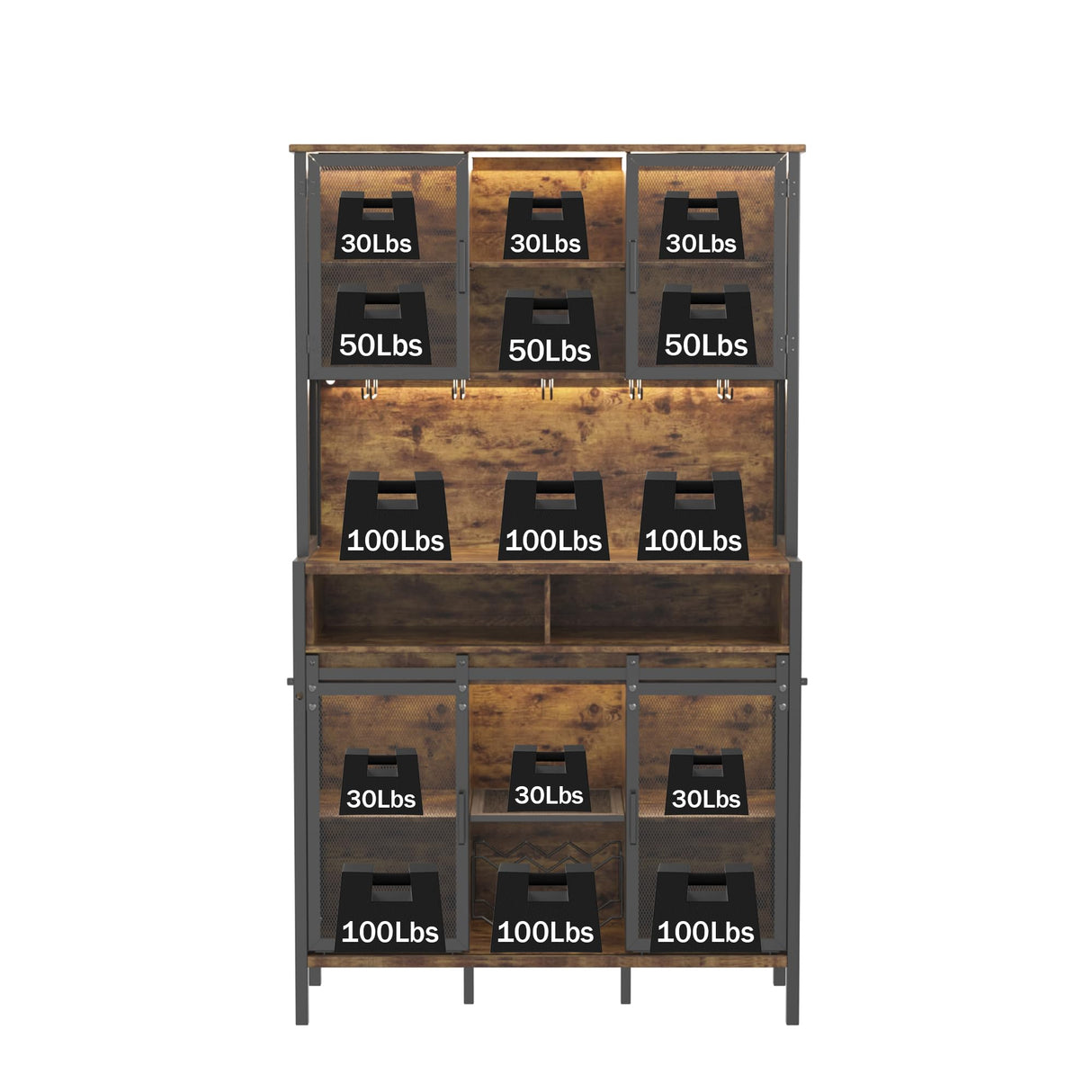 QNICE 72" Coffee & Wine Bar Cabinet with Sliding Barn Door, Farmhouse Buffet Cabinet with Wine Rack & Glass Holder, Led Storage Cabinet for Kitchen Living Dining Room (Rustic Oak) QNICE