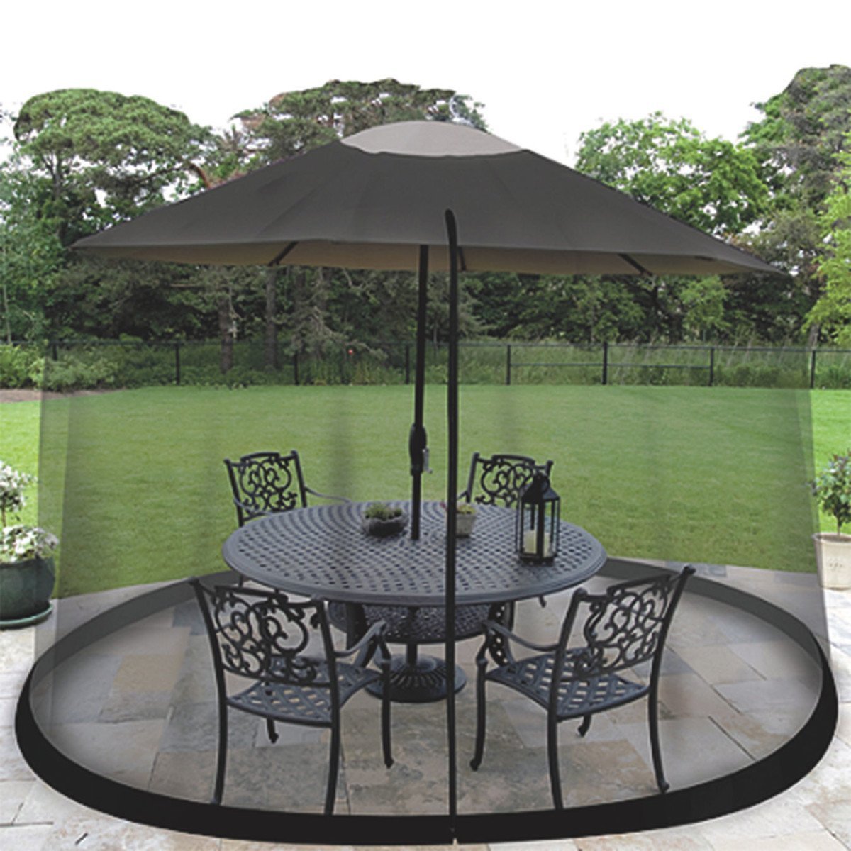 HomeRoots 9' Patio Umbrella Outdoor Table Bug Screen Mesh Black Mosquito Net Canopy Curtains Adjustable Enclosure Large Umbrella Hanging Tent 100% Polyester Light Weight Mosquito Netting OceanTailer
