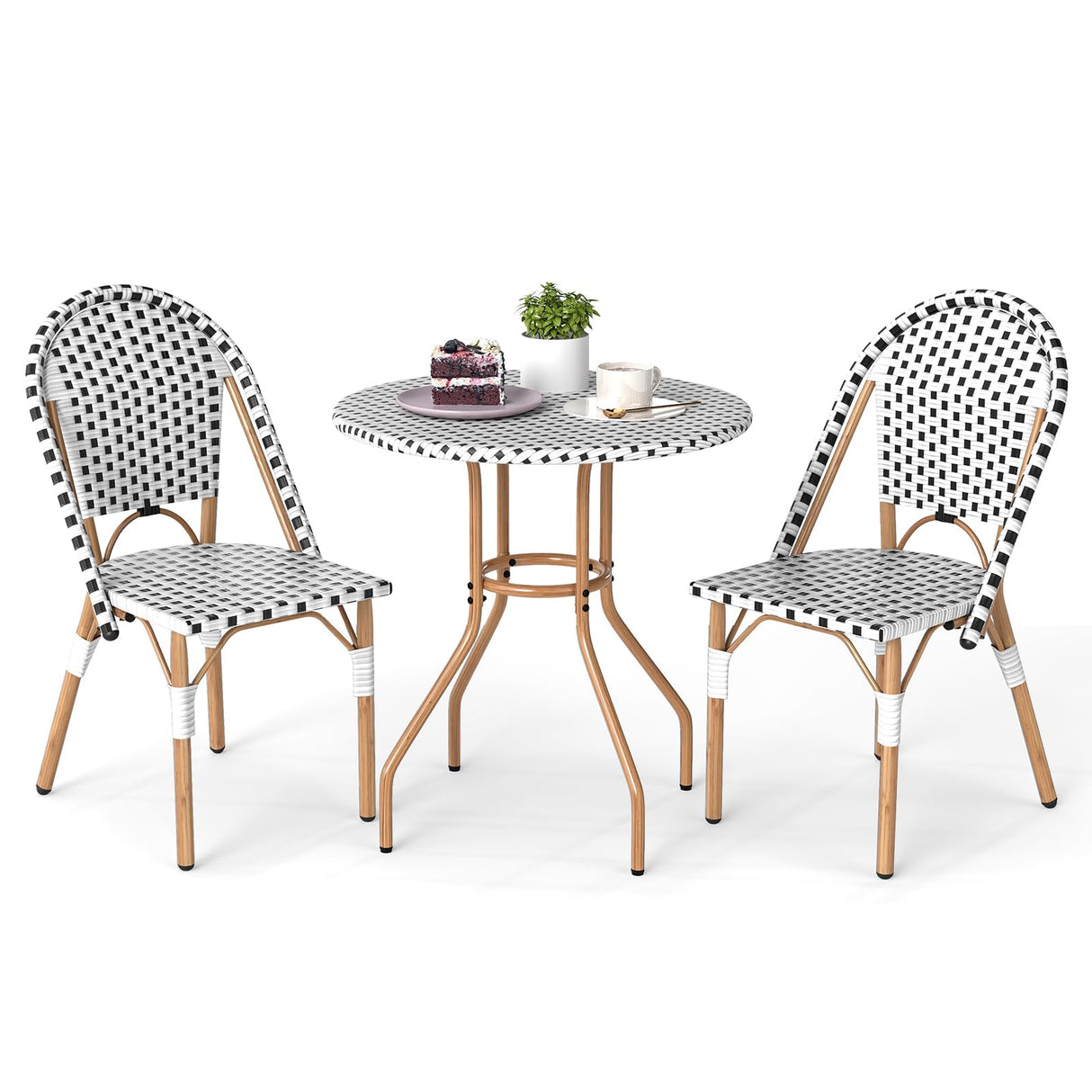 Tangkula 3 Piece French Bistro Table Chair Set, Outdoor Wicker Round Table & 2 Dining Chairs with Metal Support, Outside Accent Dining Furniture Set for Garden, Balcony, Porch Tangkula
