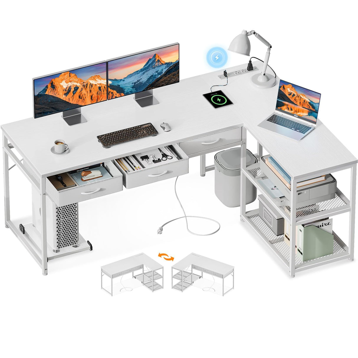 AODK 61 Inch L Shaped Computer Desk with Drawers, Corner Desk with Power Outlets & Reversible Storage Shelves, Movable CPU Stand for Home Office Gaming, White AODK