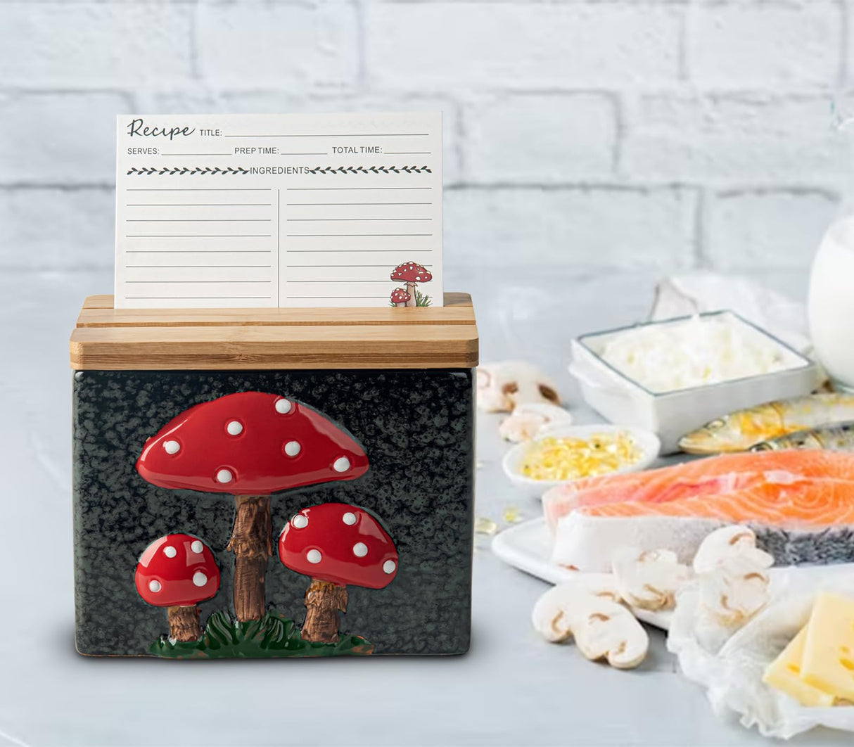 dgudgu Mushroom Recipe Box With Cards And Dividers Ceramic Recipe Card Box Cute Recipe Box And Cards Black Recipe Cards And Box Set With Bamboo Lid dgudgu