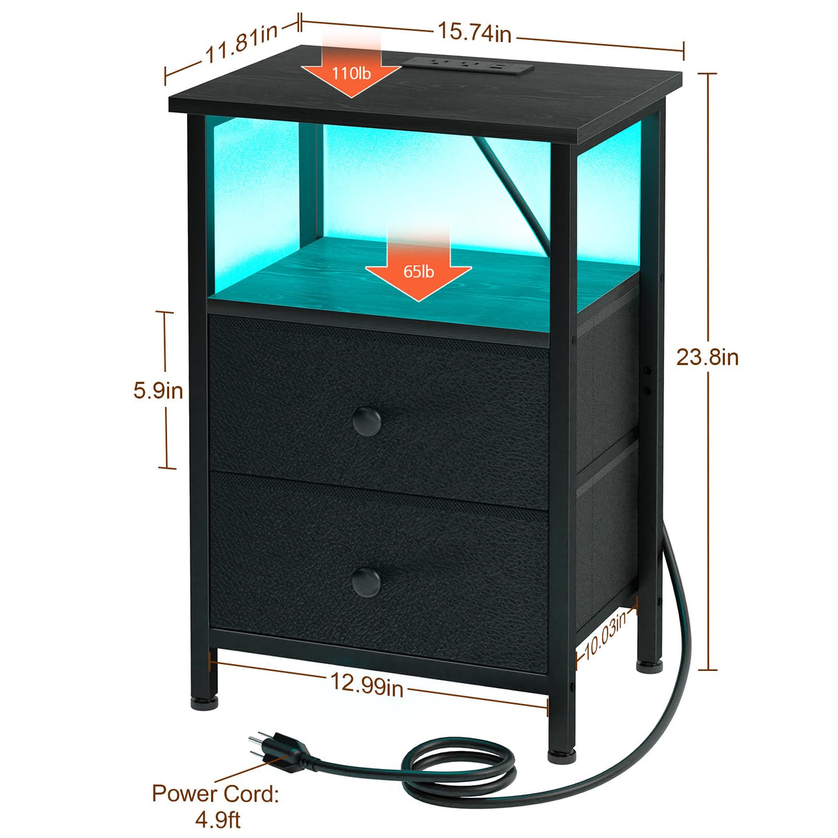 LOAKEKEL Nightstand with Charging Station, End Table with 2 Fabric Drawers, LED Night Stand for Bedroom, Small Bed Side Table with USB Ports and Outlets for Living Room, Black, HETS02BK-1 LOAKEKEL
