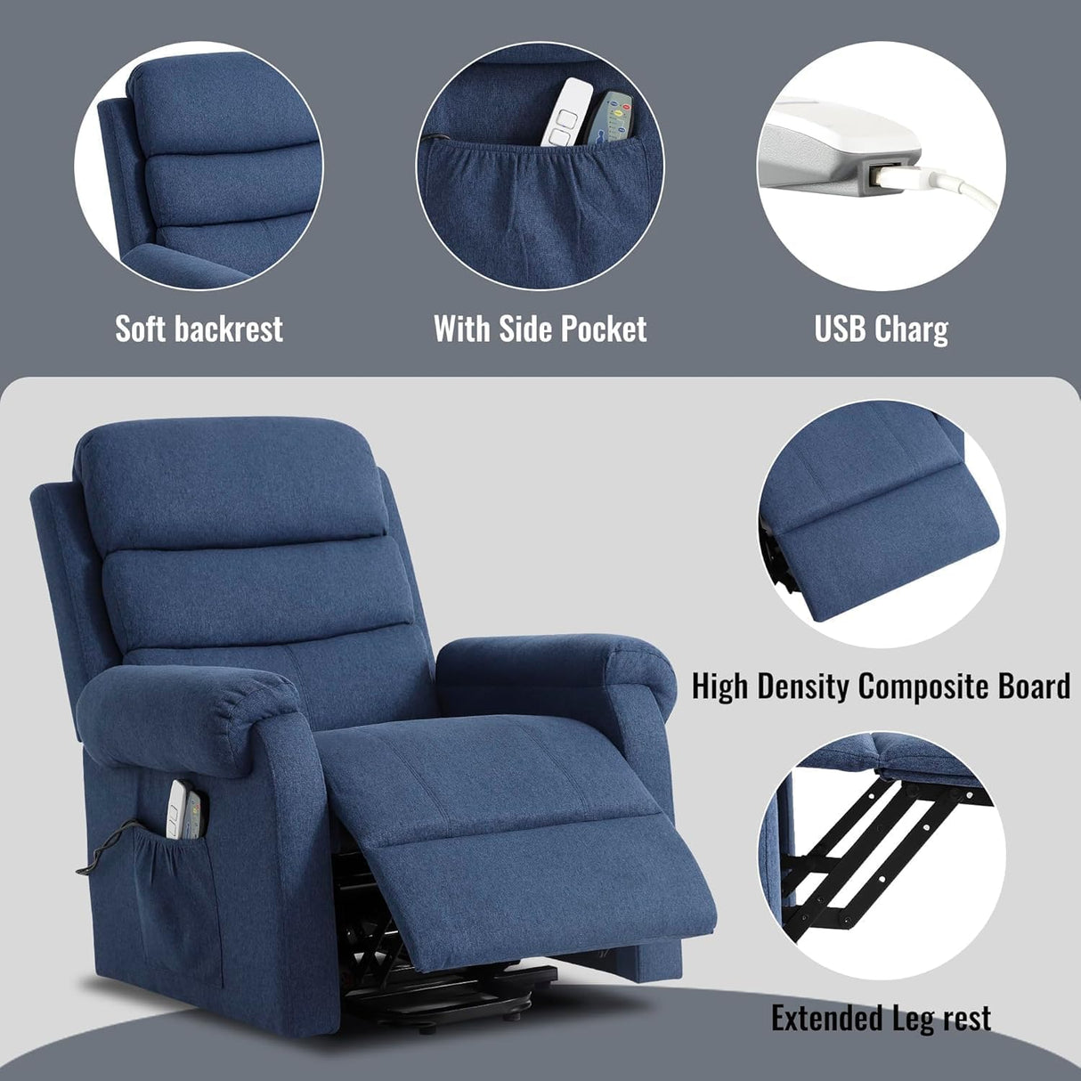 LOUVIXA Power Lift Recliner Chair Recliners for Elderly with Heat and Massage Recliner Chair for Living Room with Infinite Position and Side Pocket, USB Charge Port (Dark Blue) LOUVIXA
