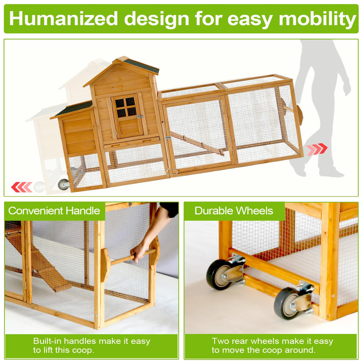Ecolinear 80” Mobile Chicken Coop for 1-2 Chickens with Wheels,Outdoor Wooden Hen House with Nesting Box,Large Rabbit Hutch, Outside Poultry House,Wire Fence Run Cages,Weatherproof for Backyard,Wood ECOLINEAR