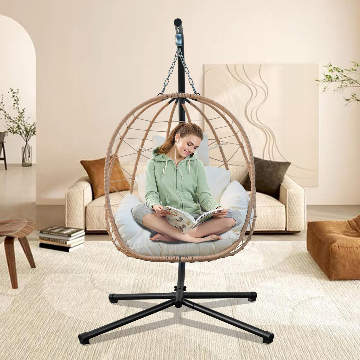 Egg Chair with Stand, Uv-Proof Pe Wicker Hanging Chair for Outdoor Patio, Cushioned Hammock Swing for Bedroom Garden Indoor/Outdoor, Double-Zipper Structure Hanging Egg Chair (Yellow and White) VERASCOT