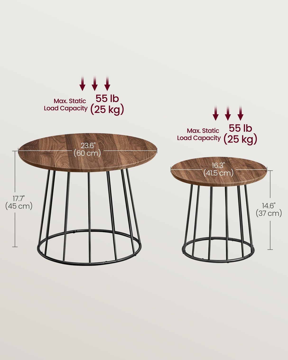 VASAGLE Round Coffee Tables, Set of 2, Modern Circle Side Tables with Steel Frame, for Living Room, Bedroom, Natural Walnut ULCT045K43 VASAGLE
