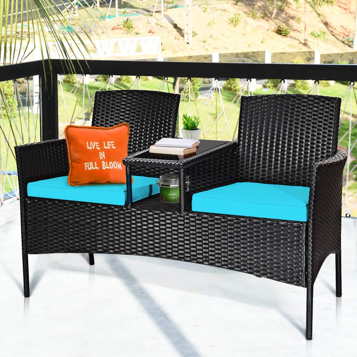 Tangkula Wicker Patio Conversation Furniture Set, Outdoor Furniture Set with Removable Cushions & Table, Tempered Glass Top, Modern Rattan Bench for Garden Lawn Backyard Tangkula