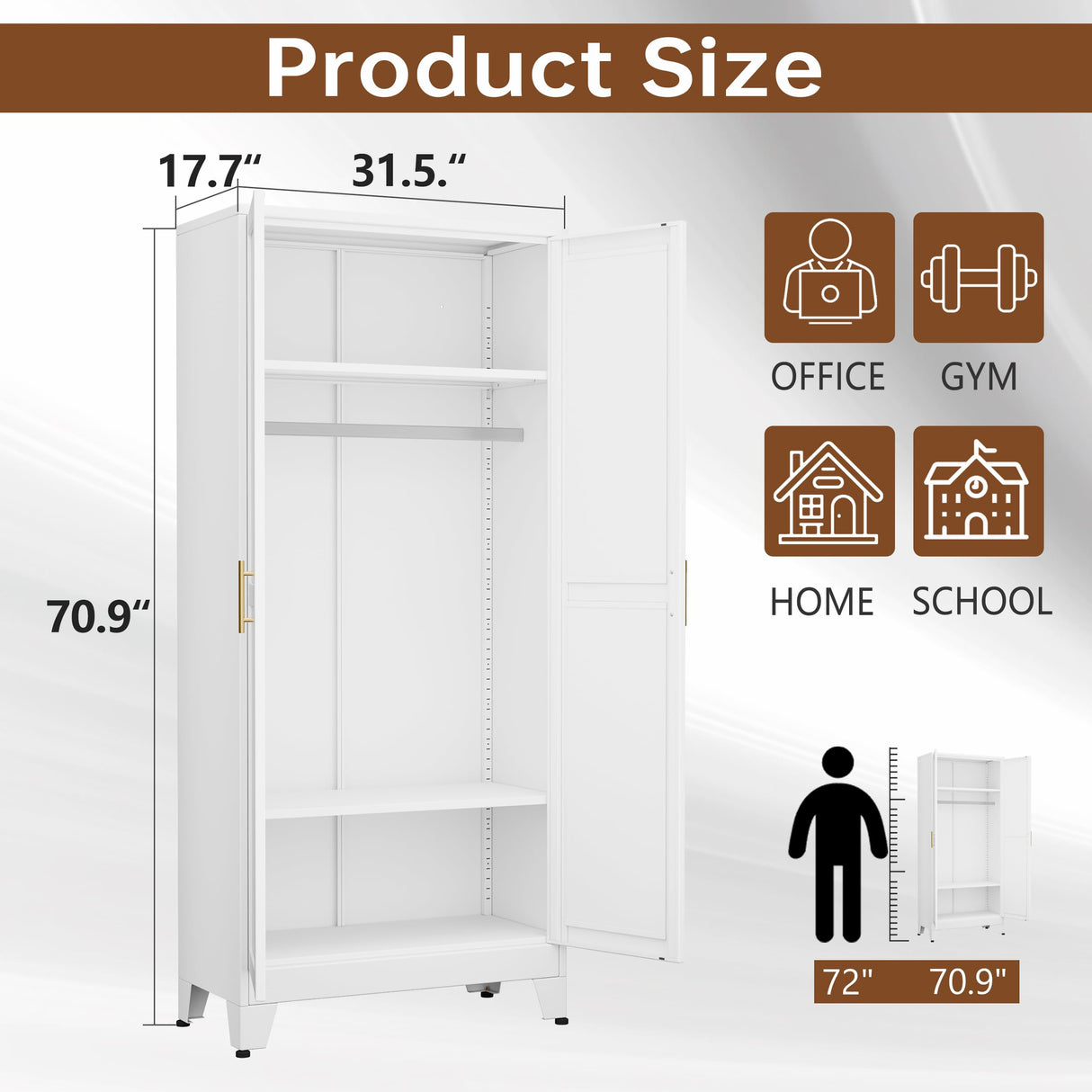 pozdeg 71" Metal Armoire Wardrobe Closet, Tall Clothing Storage Cabinet with Hanging Rods, Household Closet Organizers with Adjustable Shelves for Home Office or Gym (White) pozdeg