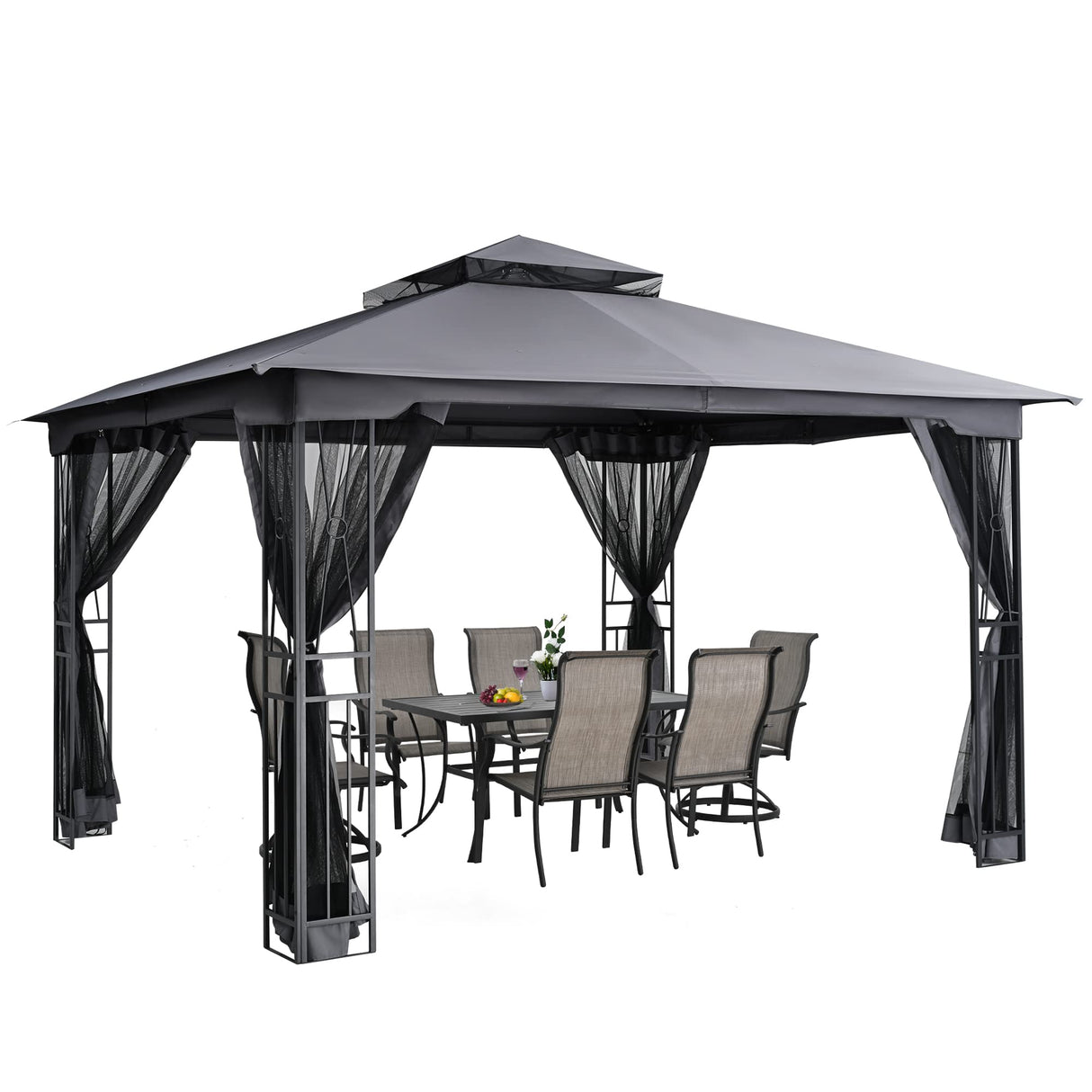 HAPPATIO 10' X 12' Patio Gazebo with Ventilation Double Roof,Outdoor Gazebo with Mosquito Netting for Lawn, Garden (Grey) HAPPATIO