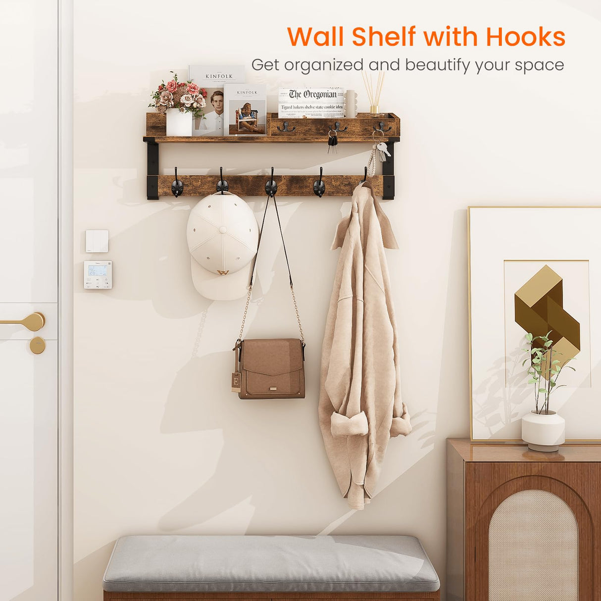 Homode Coat Rack with Shelf, Wall Shelf with Hooks, 26 Inch Long Coat Hanger Wall Mount with Key and Mail Holder, Wood Entryway Shelves for Hanging Hat Jacket Backpack Purse, Rustic Brown Black Homode