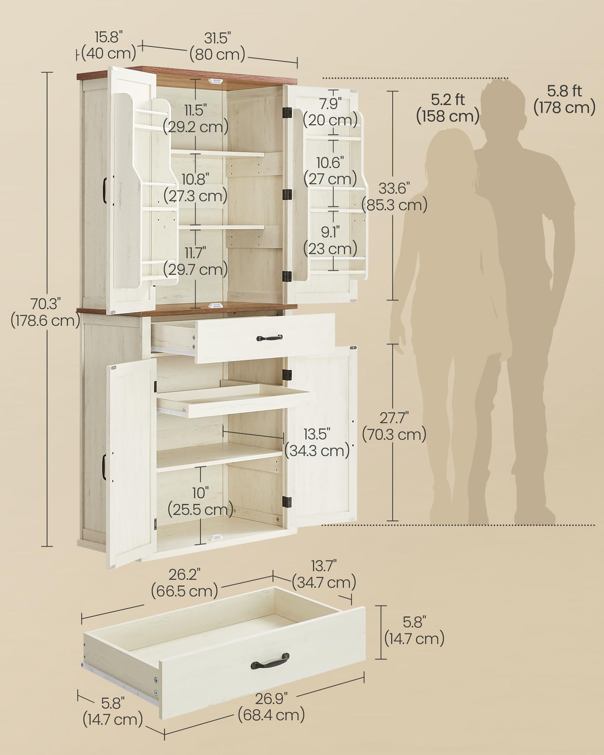 VASAGLE LIRY Collection - Pantry Cabinet, 70.3-Inch Tall Farmhouse Kitchen Storage Cabinet with Barn Doors, Drawer, Tray, Adjustable Shelves, for Kitchen, Dining Room, Rustic White UBBK364W01 VASAGLE
