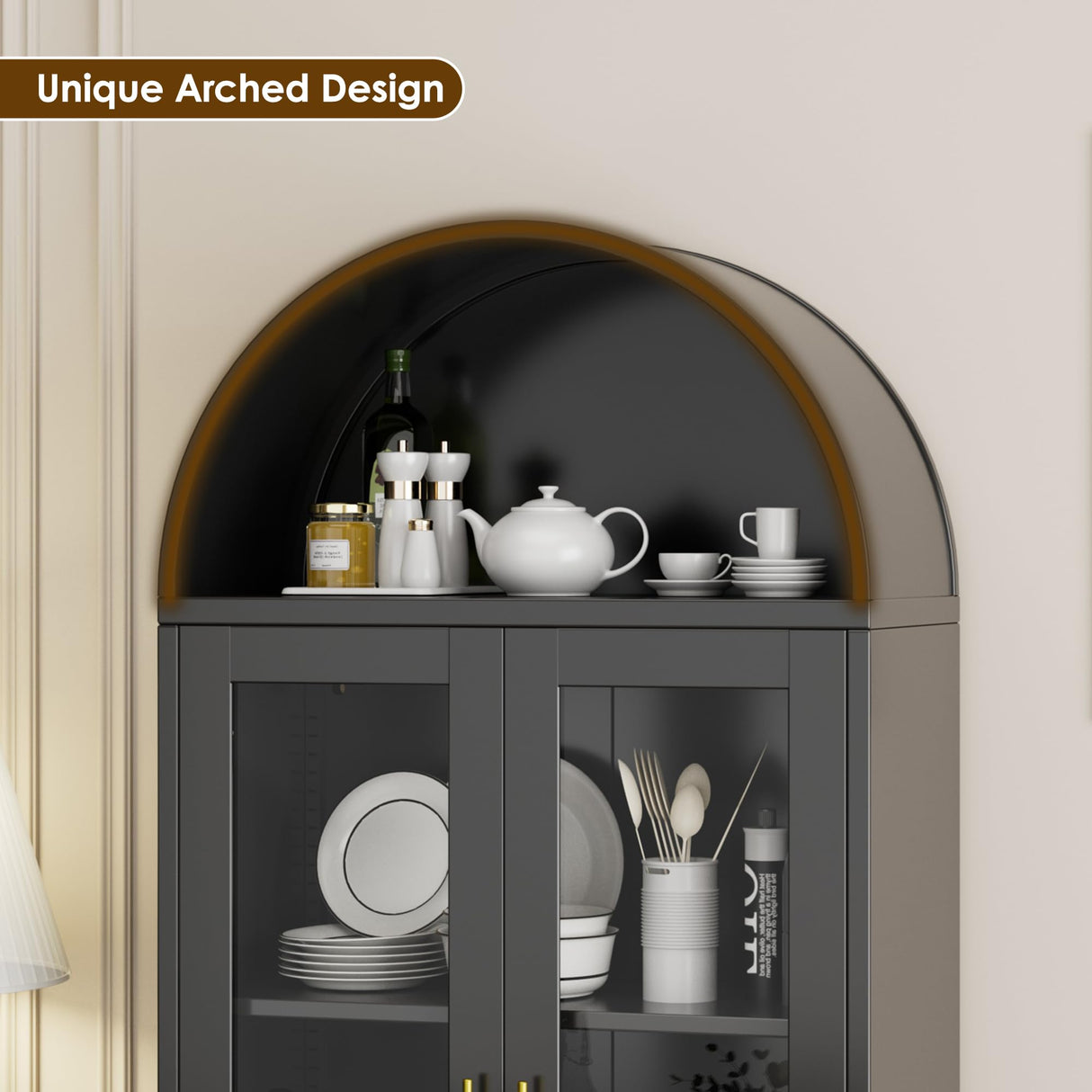 JAORD 73'' H Metal Arched Display Cabinet with Glass Door,Locking Kitchen Pantry Cabinet with Lockable Door and 2 Adjustable Shelves for Home Office, Assembly Required, Black JAORD