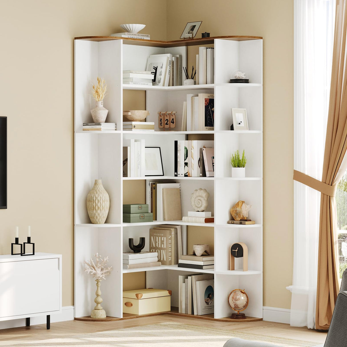 HOOBRO Corner Bookshelf, L-Shaped Bookcase with Display Shelf for Home Office, Living Room, 74" Tall Corner Bookcase, 6-Tier Bookcase with Open Storage, Wooden Corner Bookshelves, White WH80SJ01 HOOBRO