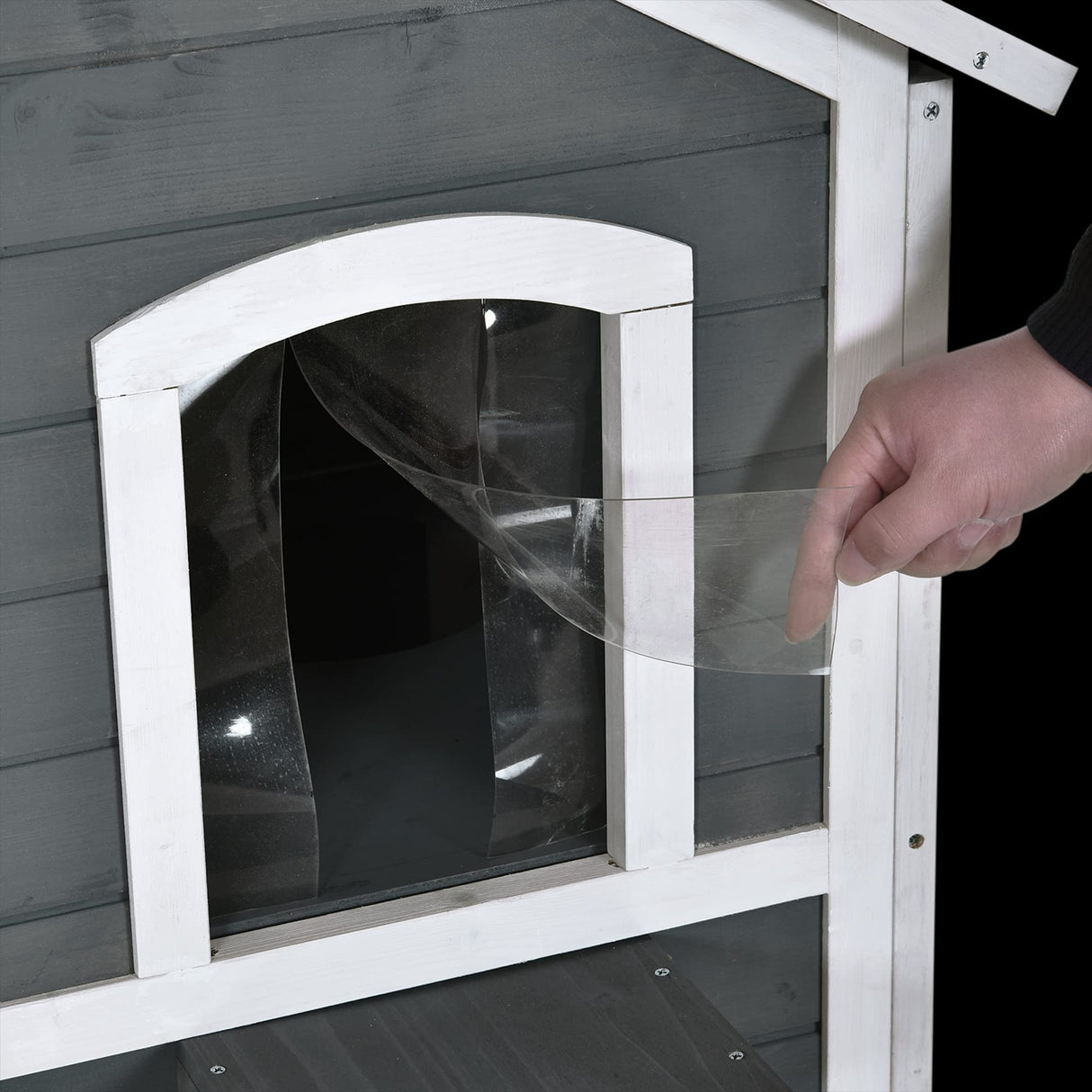 PawHut 2-Story Cat House Outdoor, Weatherproof Wooden Cat Enclosure for Feral Cats with Escape Door, Openable Roof, Jumping Platforms, Gray PawHut