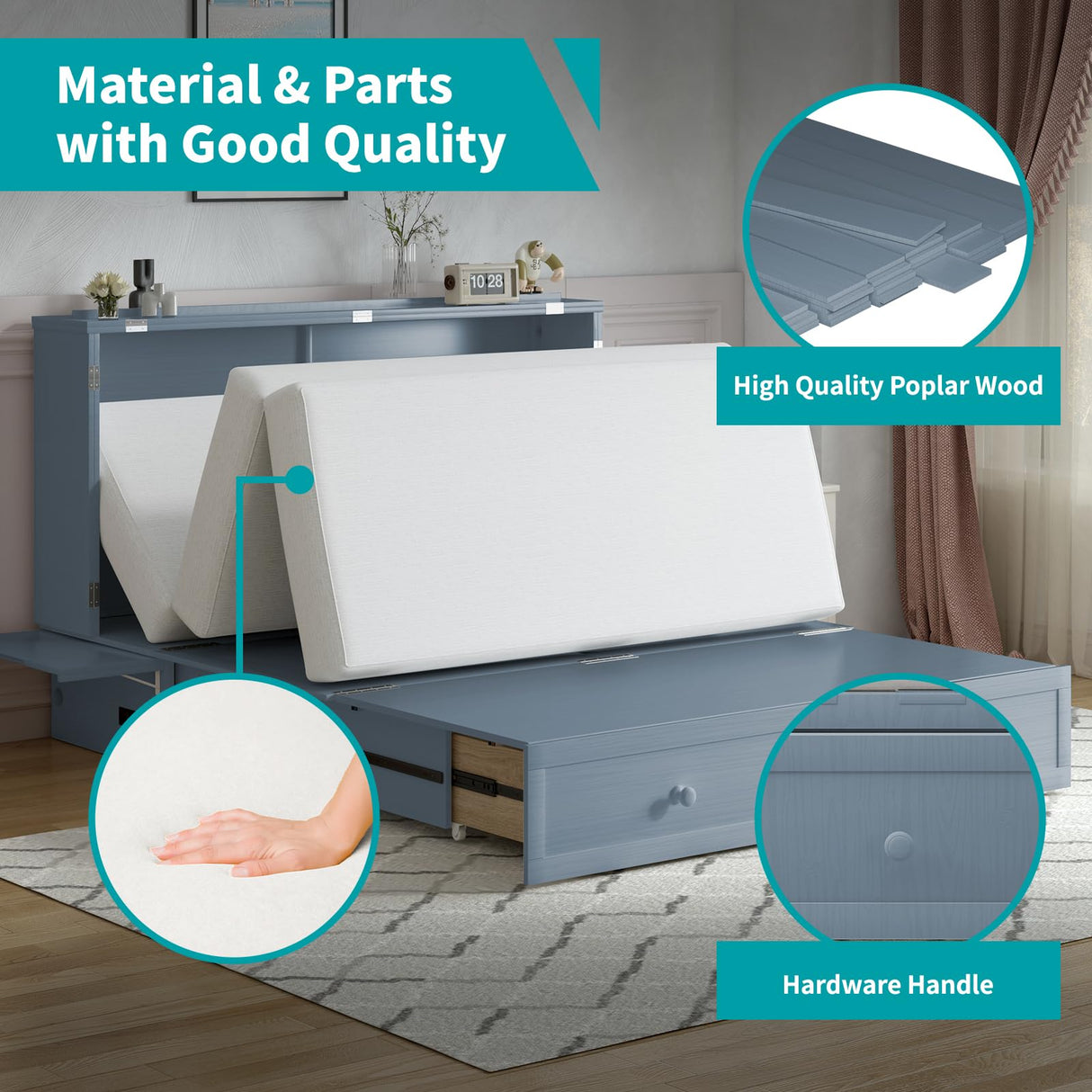 BALUS Queen Murphy Bed with Built-in USB Charging Station, Cube Cabinet Bed with Tri-Folding Memory Foam Mattress, 2 Storage Drawers, Space-Saving Wall Chest Beds for Guest Room/Apartment, Grey-Blue BALUS